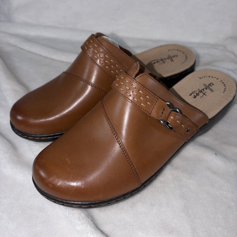 Clarks Collection Leisa Sadie Dark Tan Leather Clog Mule Womens 9.5 Comfort NWOB